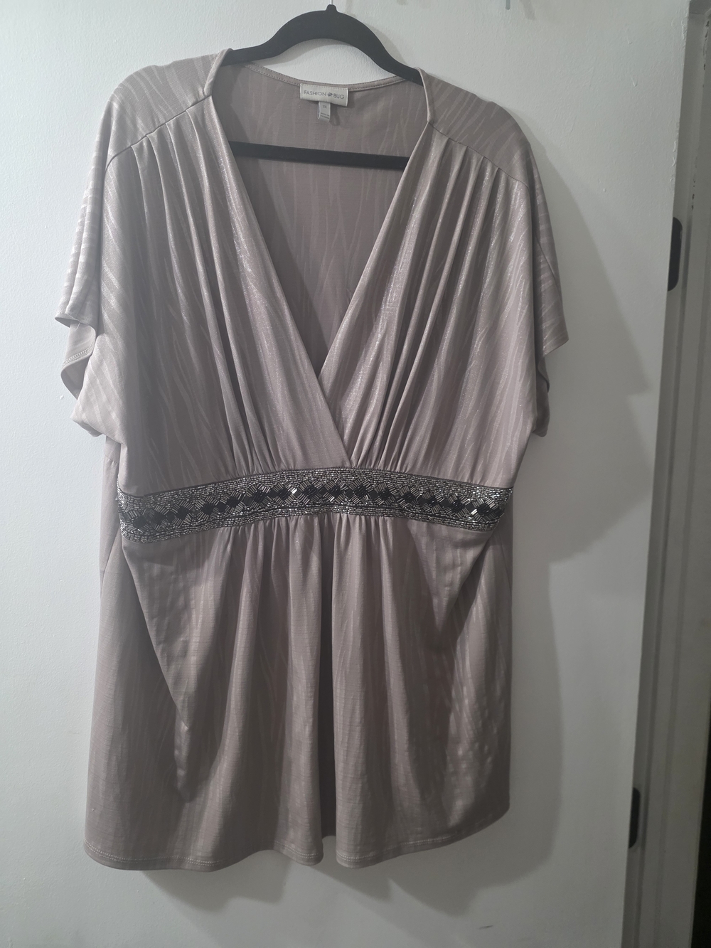 Studio Y Metallic Taupe V-Neck Embellished Waist Top